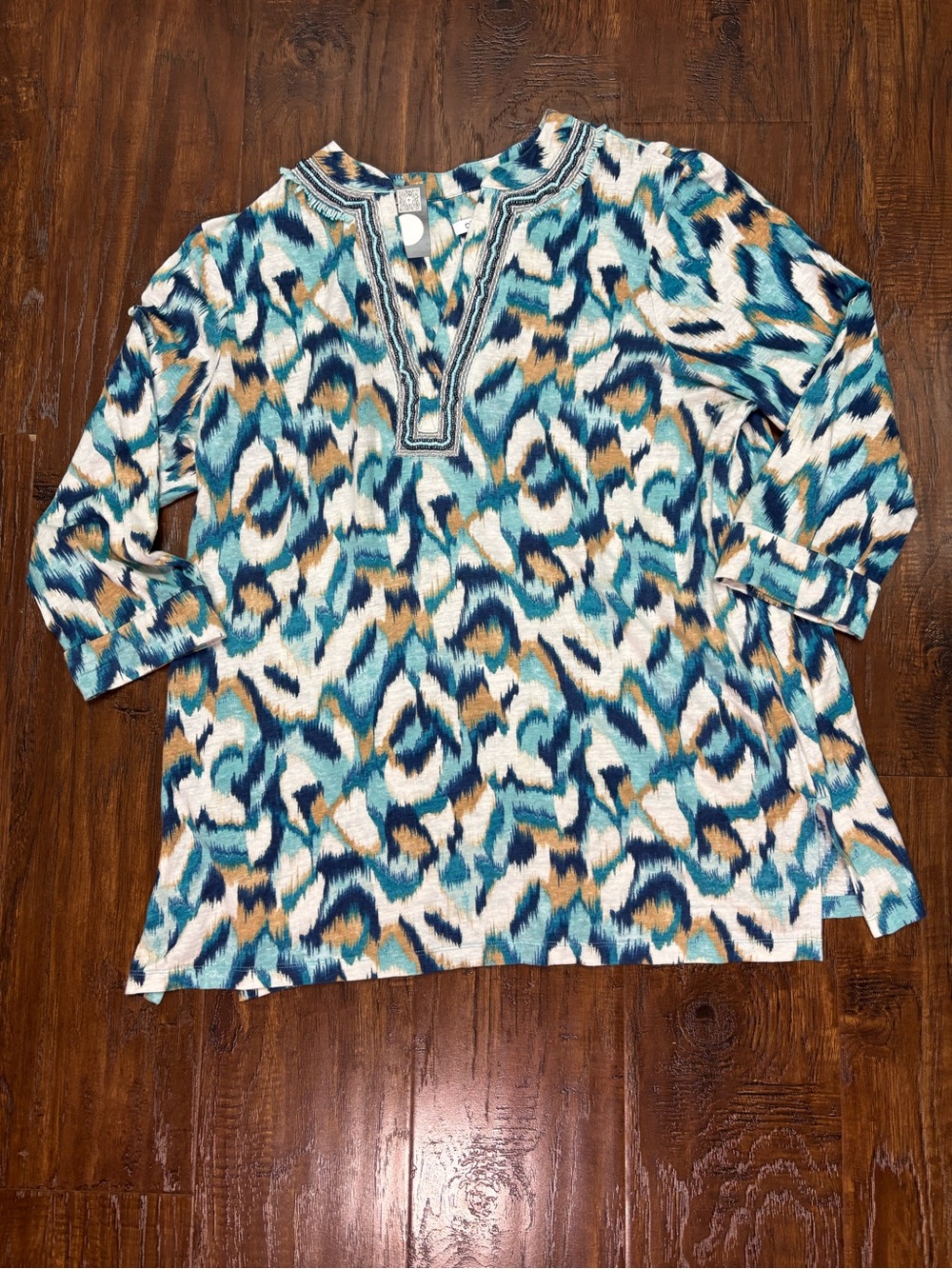 Womens Teal Blue Multi-Print Beaded Tunic Top